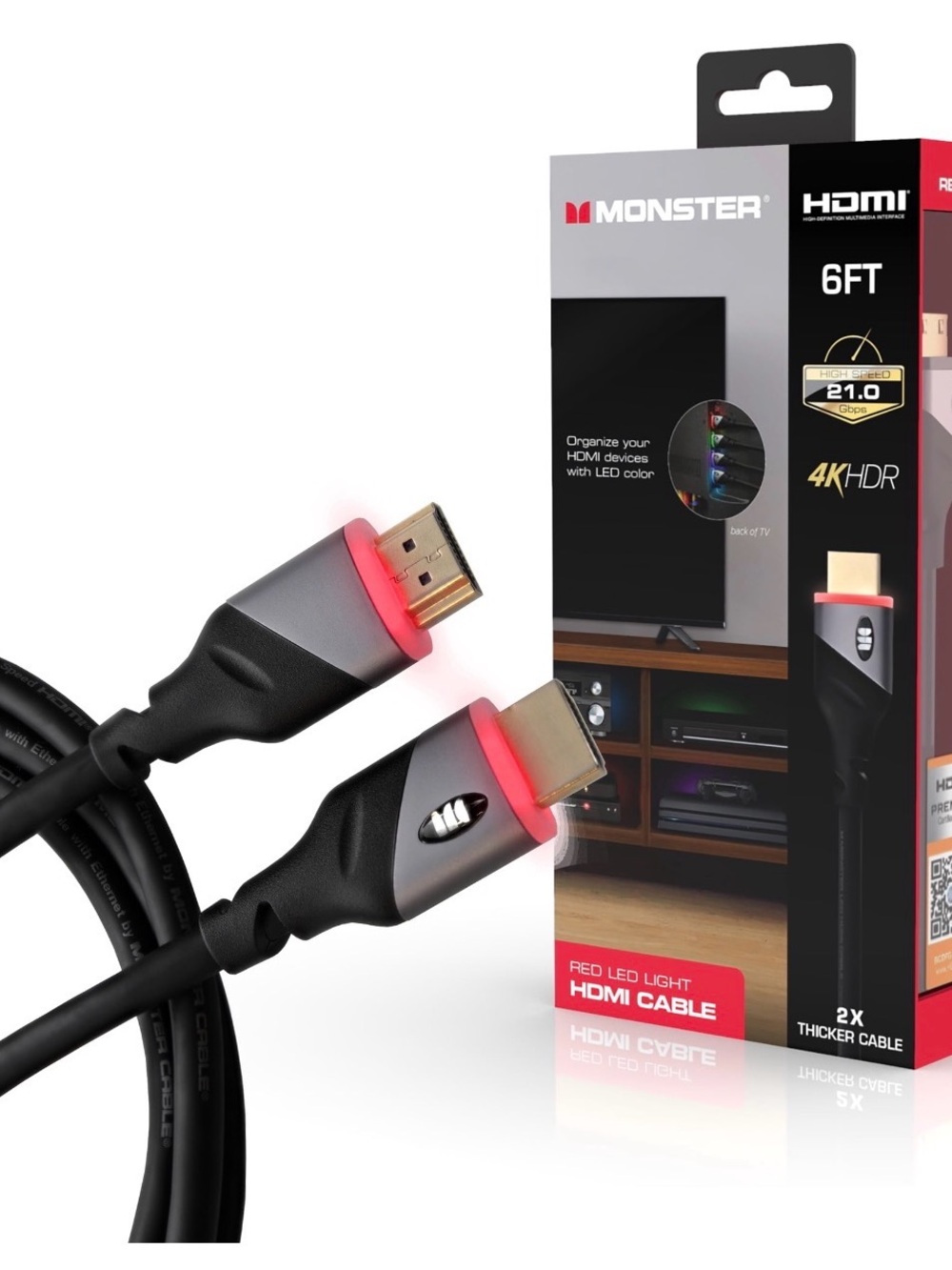 6ft HDMI Cable with Red LED Light - 4K HDR Ready